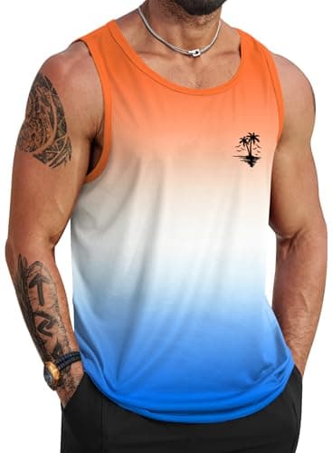 VOGSTART Mens Summer Beach Tank Tops Vacation Sleeveless Shirts (S-3XL)  
VOGSTART Mens Muscle Tank Tops for Summer Beac — Orange Gradient