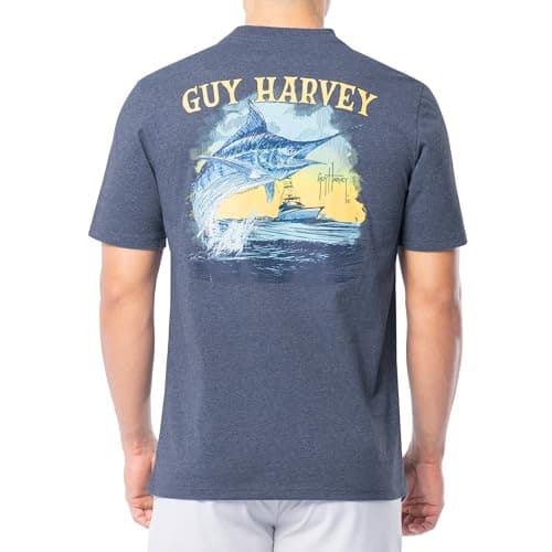 Guy Harvey Men’s Threadcycled Short Sleeve T-Shirt for Outdoor Adventures Comfort and Style — Navy Heather/Sketchy Blue