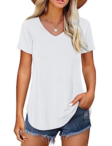 Amoretu Women's V Neck Casual Short Sleeve Tee Shirts Plain Blouses — White