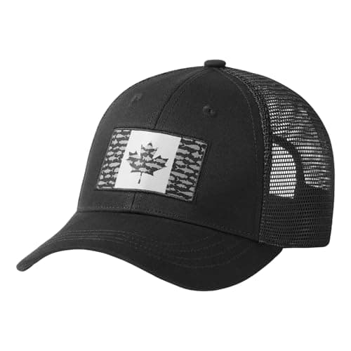 BASSDASH Altimate Fishing Hat Mesh Back Adjustable Baseball Trucker Cap for Men and Women Global Recycled Standard — Black Fish Maple Flag