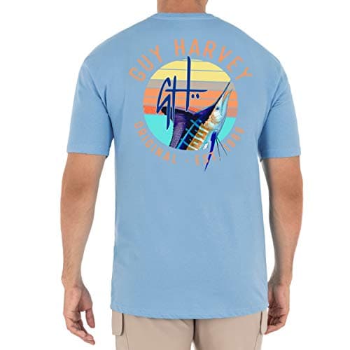 Guy Harvey Men’s Threadcycled Short Sleeve T-Shirt for Outdoor Adventures Comfort and Style — Powder Blue/Marlin Sunset