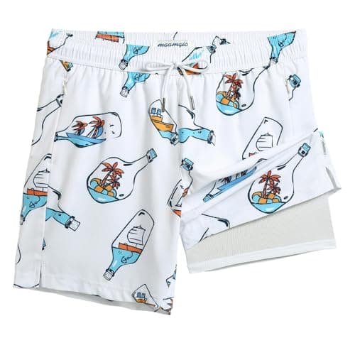 Maamgic 2 in 1 Mens Swim Trunks 7 Inch Swim Shorts - Recycled Material - Swimming, Beach - Durable and Comfortable - 32 — Drift Bottle-white