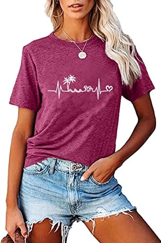 Fashvacation Sun Salt Sand Beach Tshirt for Women Summer Coconut Tree Graphic Casual Short Sleeve Loose Fit Tee — T06-burgundy