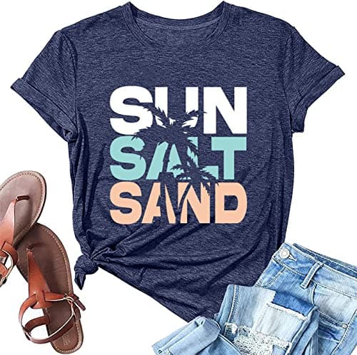 Fashvacation Sun Salt Sand Beach Tshirt for Women Summer Coconut Tree Graphic Casual Short Sleeve Loose Fit Tee
