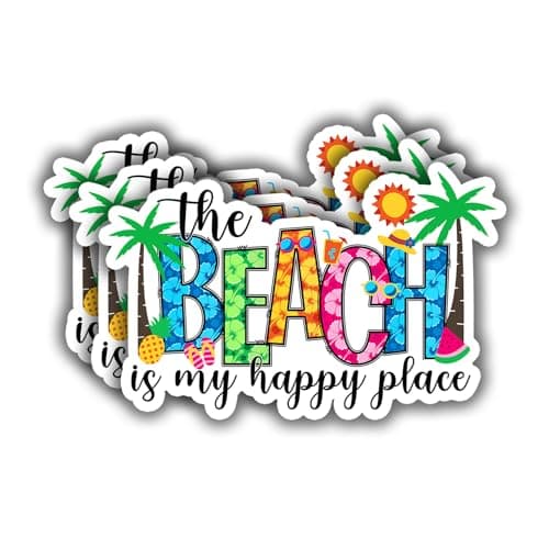Beach Happy Place Funny Ocean Life Tumbler Decal Sticker for Kindle Laptop Phone Water Bottle Hard Hat - 3x2 Vinyl Deca