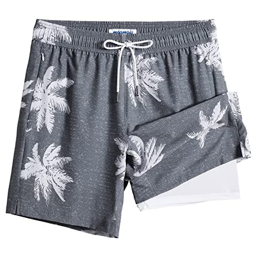 Maamgic 2 in 1 Mens Swim Trunks 7 Inch Swim Shorts - Recycled Material - Swimming, Beach - Durable and Comfortable - 32 — Gray-palm Tree
