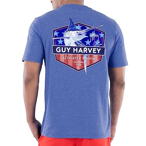 Guy Harvey Men’s Threadcycled Short Sleeve T-Shirt for Outdoor Adventures Comfort and Style — Heather Royal/American Marlin