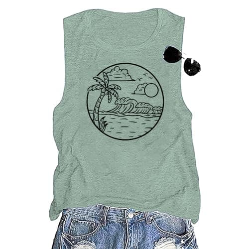 Coconut Tree Graphic Print Women Summer Workout Tank Top for Girls Sleeveless O Neck — Pale Green