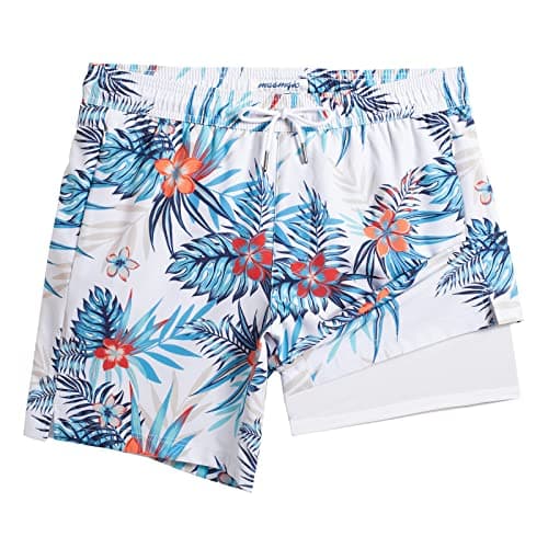 Maamgic 2 in 1 Mens Swim Trunks 7 Inch Swim Shorts - Recycled Material - Swimming, Beach - Durable and Comfortable - 32 — Floral-white