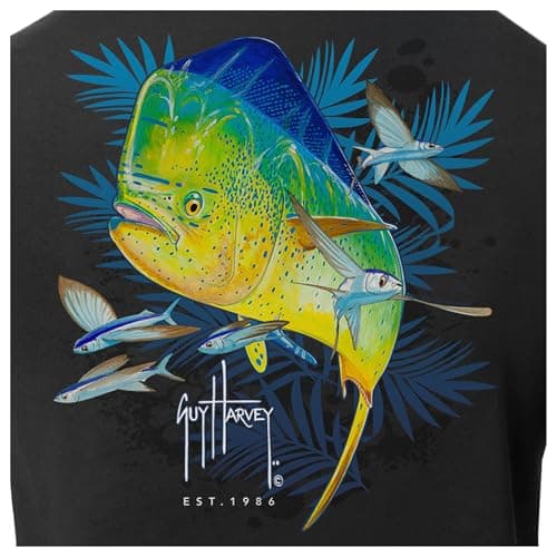 Guy Harvey Men’s Offshore Fish Collection Short Sleeve T-Shirt for Fishing Enthusiasts Feature-Fit Edition Medium Size R — Caviar/Mahi Palms
