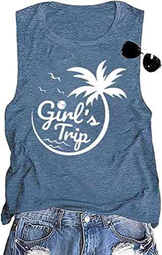 Coconut Tree Graphic Print Women Summer Workout Tank Top for Girls Sleeveless O Neck — Blue