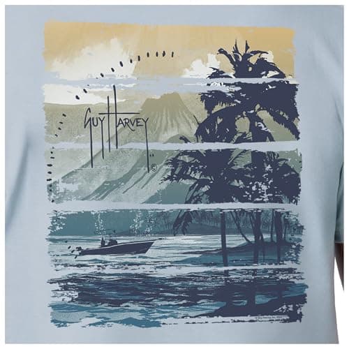 Guy Harvey Men’s Offshore Fish Collection Short Sleeve T-Shirt for Fishing Enthusiasts Feature-Fit Edition Medium Size R — Blue Fog/Horizon