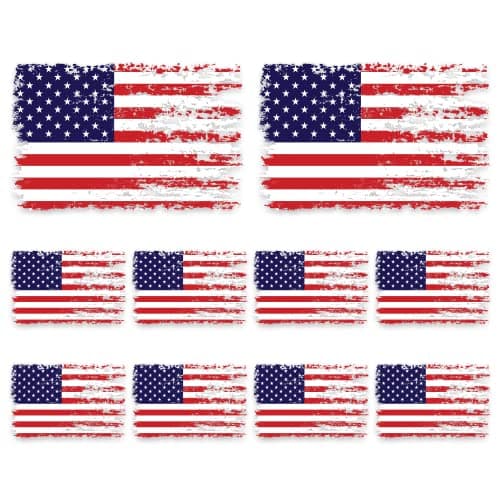 American Flag Decal - Distressed Patriotic Vinyl Bumper Sticker for Cars, Trucks & Vehicle Windows - Made in USA — 10-pack (8 Small, 2 Medium)