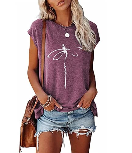 JNIFULI Women's Casual Summer Short Sleeve Graphic Tees Funny Dragonfly Printed Cute Tops
| JNIFULI Women's Funny Drago — Y-purple Red