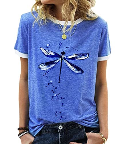 JNIFULI Women's Casual Summer Short Sleeve Graphic Tees Funny Dragonfly Printed Cute Tops
| JNIFULI Women's Funny Drago — Blue