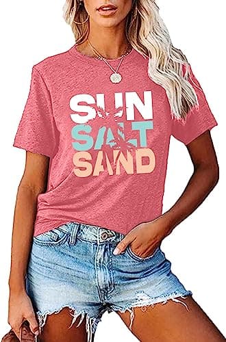 Fashvacation Sun Salt Sand Beach Tshirt for Women Summer Coconut Tree Graphic Casual Short Sleeve Loose Fit Tee — T08-pink1