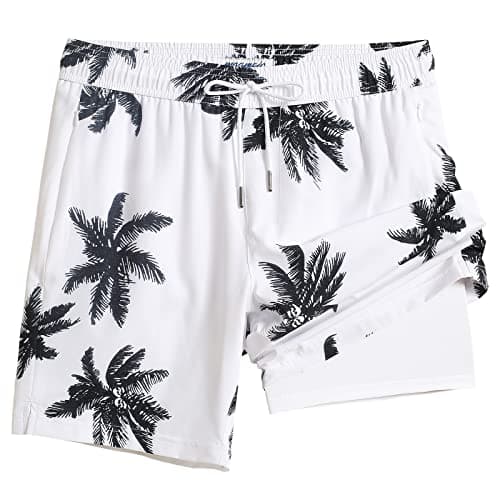 Maamgic 2 in 1 Mens Swim Trunks 7 Inch Swim Shorts - Recycled Material - Swimming, Beach - Durable and Comfortable - 32 — Palm White