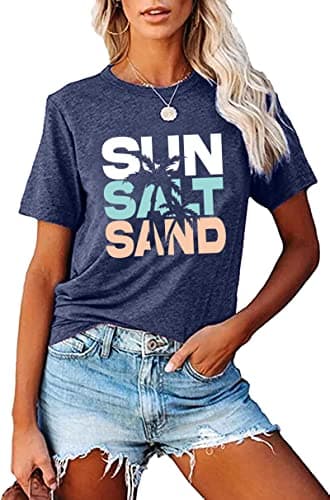 Fashvacation Sun Salt Sand Beach Tshirt for Women Summer Coconut Tree Graphic Casual Short Sleeve Loose Fit Tee