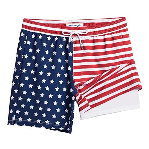 Maamgic 2 in 1 Mens Swim Trunks 7 Inch Swim Shorts - Recycled Material - Swimming, Beach - Durable and Comfortable - 32 — American Flag