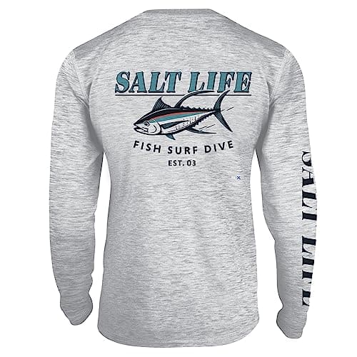 Salt Life Men's Tuna Town Long Sleeve Performance Tee + Core Stretch + Active Men + Outdoor Adventures + Moisture Wickin — Sleet Grey