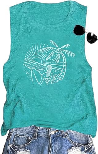 Coconut Tree Graphic Print Women Summer Workout Tank Top for Girls Sleeveless O Neck — Mint Green