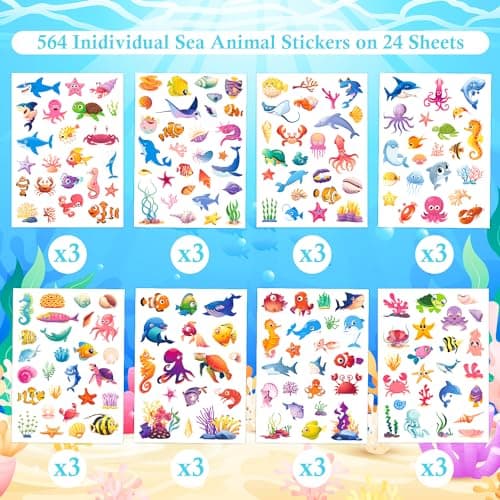 Ocean Stickers for Kids 24 Sheets 564 Pcs Waterproof Decorations for Parties and Crafts