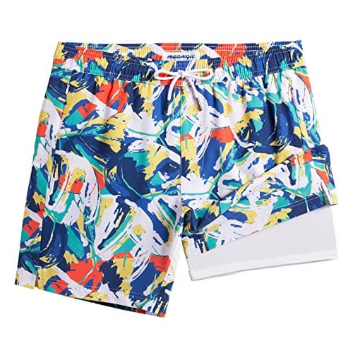 Maamgic 2 in 1 Mens Swim Trunks 7 Inch Swim Shorts - Recycled Material - Swimming, Beach - Durable and Comfortable - 32 — Colorful-blue White