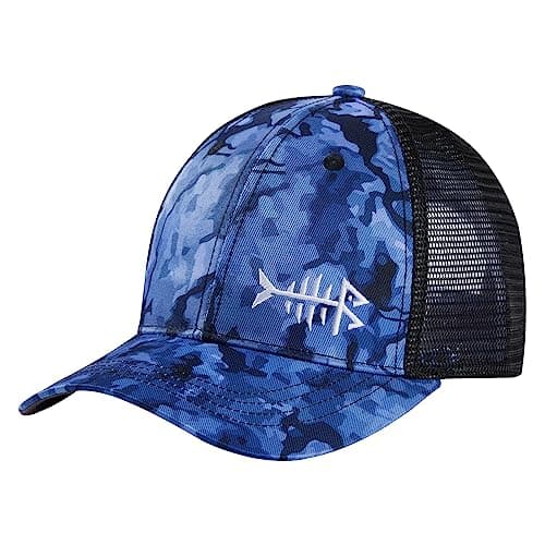BASSDASH Altimate Fishing Hat Mesh Back Adjustable Baseball Trucker Cap for Men and Women Global Recycled Standard — Blue/Black Camo