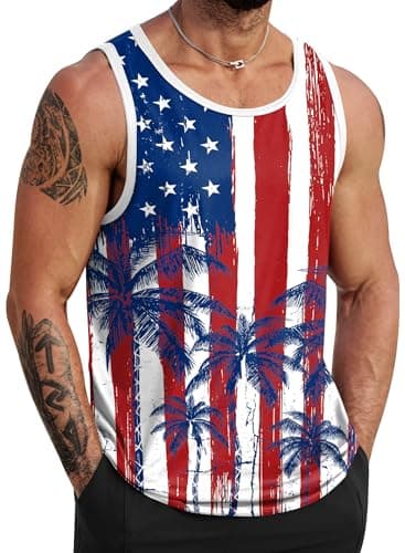VOGSTART Mens Summer Beach Tank Tops Vacation Sleeveless Shirts (S-3XL)  
VOGSTART Mens Muscle Tank Tops for Summer Beac — Blue - Coconut Palm Flag