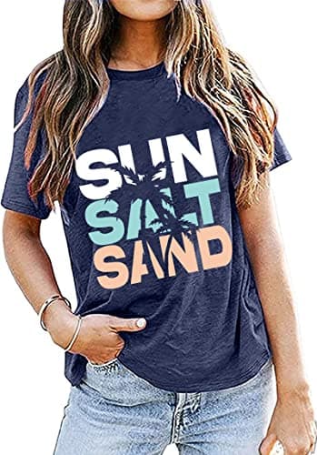 Fashvacation Sun Salt Sand Beach Tshirt for Women Summer Coconut Tree Graphic Casual Short Sleeve Loose Fit Tee