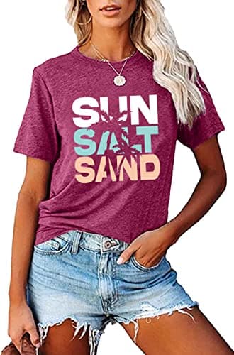 Fashvacation Sun Salt Sand Beach Tshirt for Women Summer Coconut Tree Graphic Casual Short Sleeve Loose Fit Tee — T08-darkred