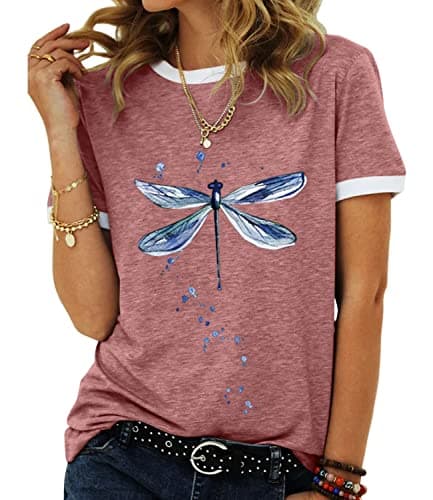 JNIFULI Women's Casual Summer Short Sleeve Graphic Tees Funny Dragonfly Printed Cute Tops
| JNIFULI Women's Funny Drago — Brick Red