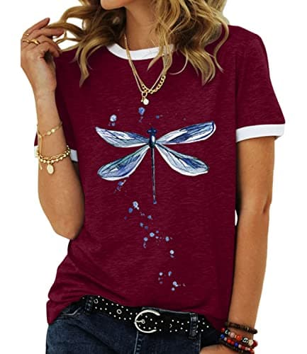 JNIFULI Women's Casual Summer Short Sleeve Graphic Tees Funny Dragonfly Printed Cute Tops
| JNIFULI Women's Funny Drago — Wine Red