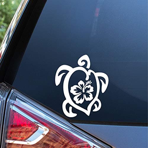 Sunset Graphics Hibiscus Sea Turtle Decal Vinyl Sticker for Cars Trucks Vans Walls | White | 5.5 inches | Ocean Sea Life