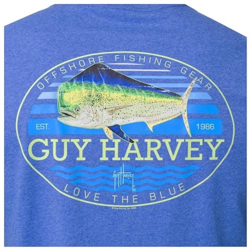 Guy Harvey Men’s Threadcycled Short Sleeve T-Shirt for Outdoor Adventures Comfort and Style — Royal Heather/Retro Style Mahi