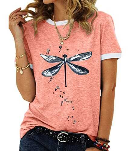 JNIFULI Women's Casual Summer Short Sleeve Graphic Tees Funny Dragonfly Printed Cute Tops
| JNIFULI Women's Funny Drago — Pink