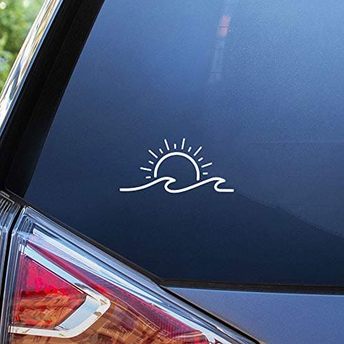 KamiDesigns Sun & Wave Car Decal | White Beach Bumper Sticker for Cars | Van Walls Laptop Truck Window Bumpers Pack of 1