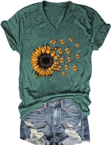 Women's Boho V-Neck Flowers T-Shirt Wildflowers Graphic Summer Tee
| Cute Women's V-Neck Wildflowers Graphic Short Slee — D-green1