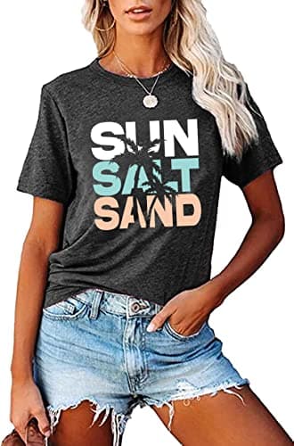 Fashvacation Sun Salt Sand Beach Tshirt for Women Summer Coconut Tree Graphic Casual Short Sleeve Loose Fit Tee — T08-greyblack