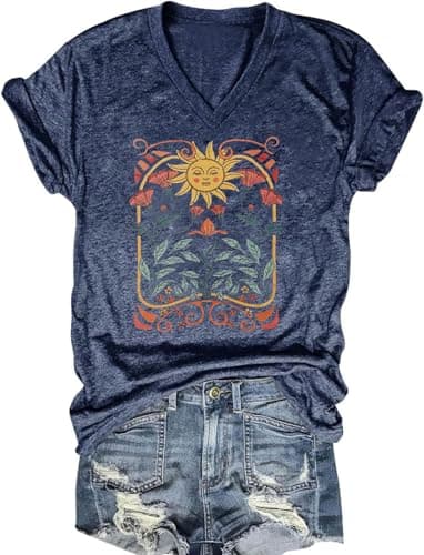 Women's Boho V-Neck Flowers T-Shirt Wildflowers Graphic Summer Tee
| Cute Women's V-Neck Wildflowers Graphic Short Slee — C-blue1