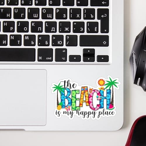 Beach Happy Place Funny Ocean Life Tumbler Decal Sticker for Kindle Laptop Phone Water Bottle Hard Hat - 3x2 Vinyl Deca