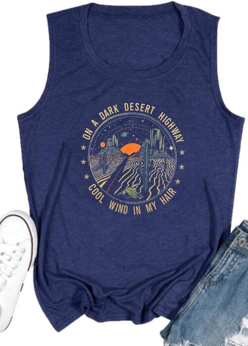 Coconut Tree Graphic Print Women Summer Workout Tank Top for Girls Sleeveless O Neck — Desert Dark Blue