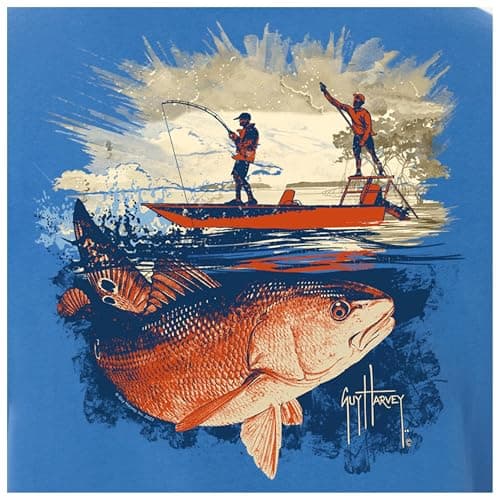 Guy Harvey Men’s Offshore Fish Collection Short Sleeve T-Shirt for Fishing Enthusiasts Feature-Fit Edition Medium Size R — Azure Blue/Redfish Tailing