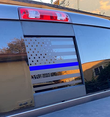 Dodge Ram 2009 to 2024 American Flag Decals Stickers Matte Black USA Flag Decal for Truck Back Middle Window — Matte Black + Blue Line