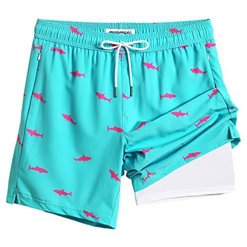 Maamgic 2 in 1 Mens Swim Trunks 7 Inch Swim Shorts - Recycled Material - Swimming, Beach - Durable and Comfortable - 32 — Shark Acidblue