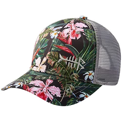 BASSDASH Altimate Fishing Hat Mesh Back Adjustable Baseball Trucker Cap for Men and Women Global Recycled Standard — Black/Tropical Flower