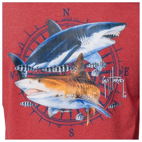 Guy Harvey Men’s Threadcycled Short Sleeve T-Shirt for Outdoor Adventures Comfort and Style — Red Heather/Vintage Sharks