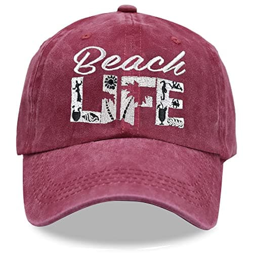 HHNLB Beach Life Hat for Men Women: Beach Hat with Adjustable Fit, Vintage Embroidered Baseball Cap, Distressed Washed S — Embroidery Red