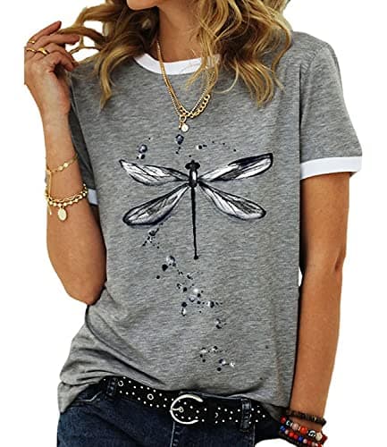 JNIFULI Women's Casual Summer Short Sleeve Graphic Tees Funny Dragonfly Printed Cute Tops
| JNIFULI Women's Funny Drago — Grey