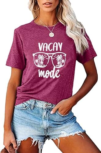 Fashvacation Sun Salt Sand Beach Tshirt for Women Summer Coconut Tree Graphic Casual Short Sleeve Loose Fit Tee — T35-burgundy